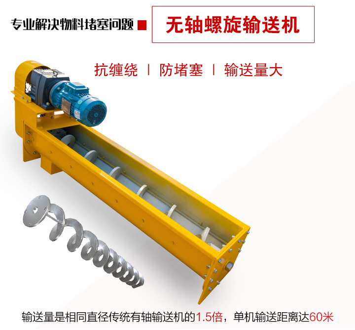 輸送量是相同直徑傳統(tǒng)有軸輸送機(jī)的1.5倍，單機(jī)輸送距離達(dá)60米